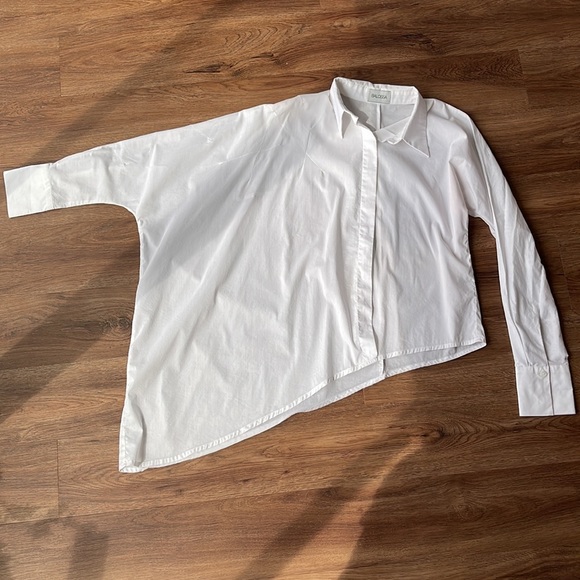 BALOSSA Light Blue Hight Low Button Up Cuffed Sleeve Collar Blouse Oversized 4 - Picture 11 of 17